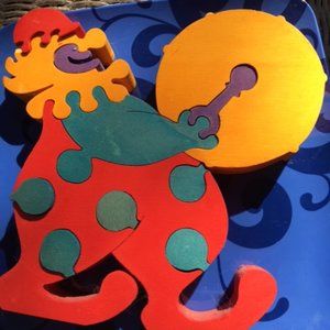 EUC ,Solid, Hand scrolled & painted clown puzzle